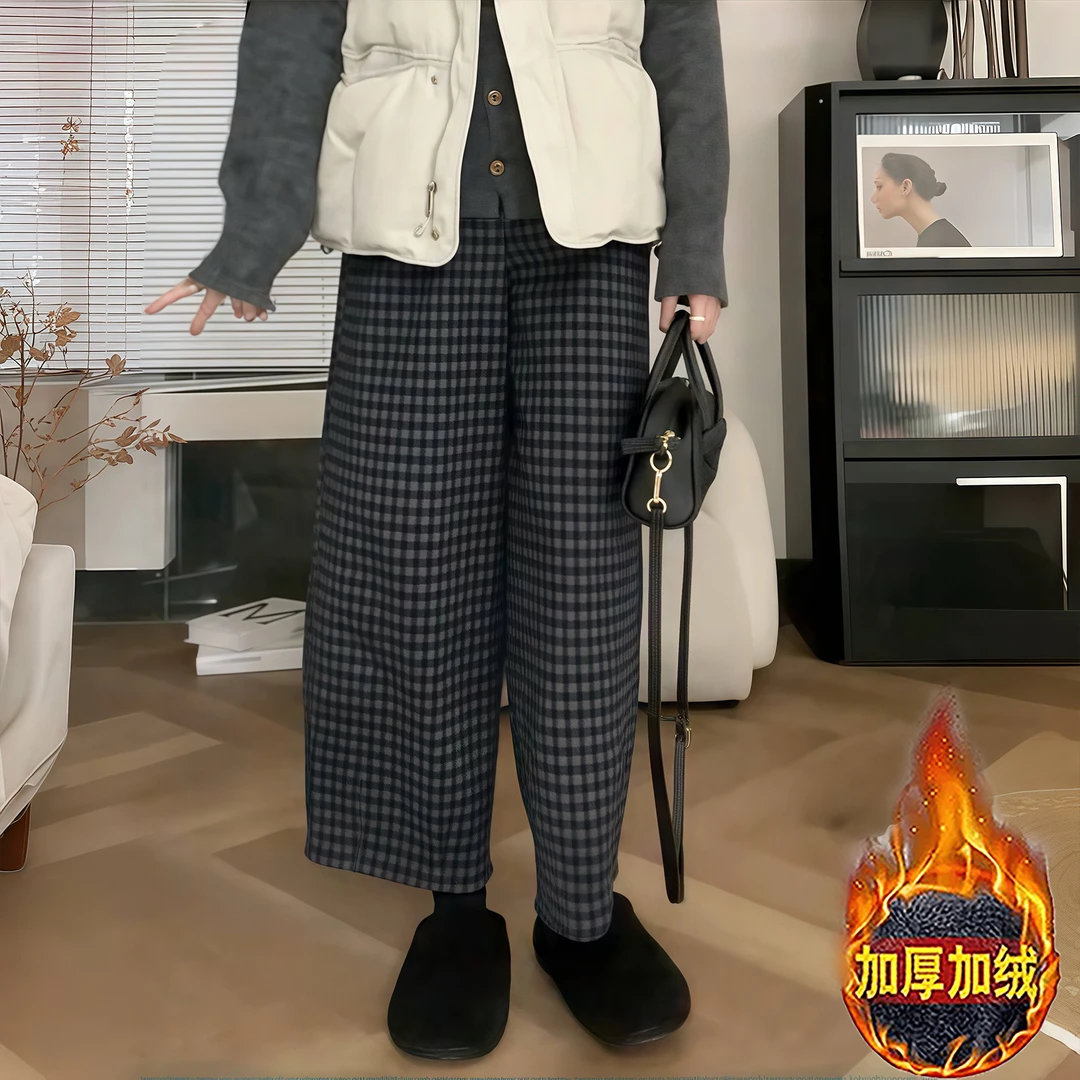 韩系复古加厚格子毛呢阔腿裤女2024年秋冬新款高腰宽松加绒休闲裤
