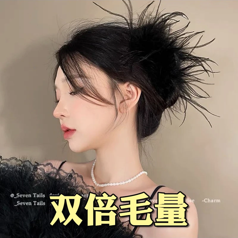 高端发夹女后脑勺白色新款头饰毛绒鲨鱼夹发卡蓬松羽毛抓夹鸵鸟毛