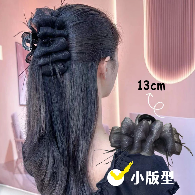 【秋冬新款羽毛抓夹】网纱羽毛泡泡女发量多发夹高级感盘发鲨鱼夹