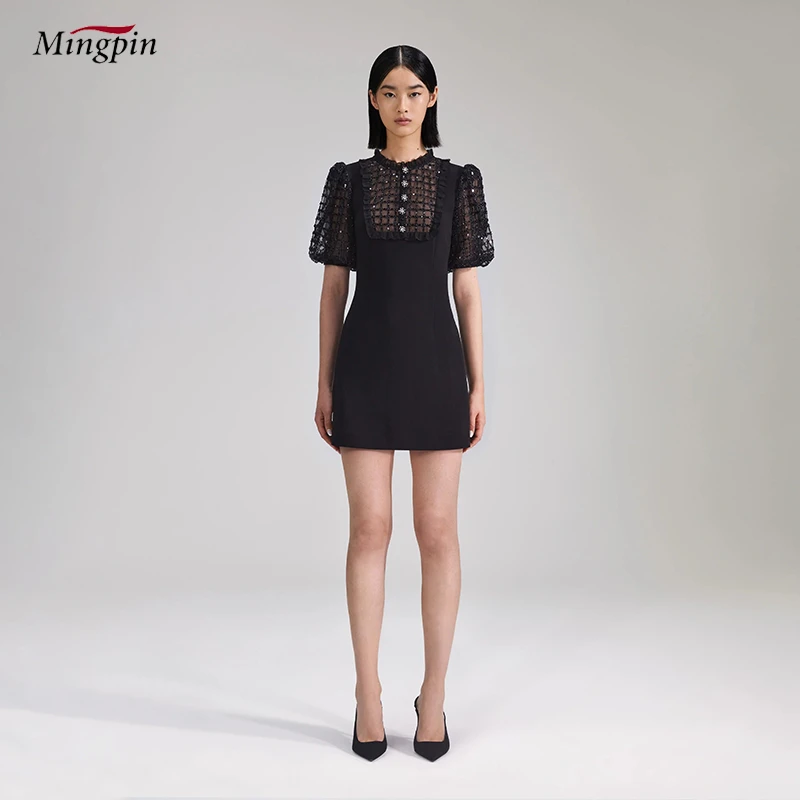 女装连衣裙 春夏新款名媛气质时尚优雅黑色订珠拼接收腰显瘦短A裙