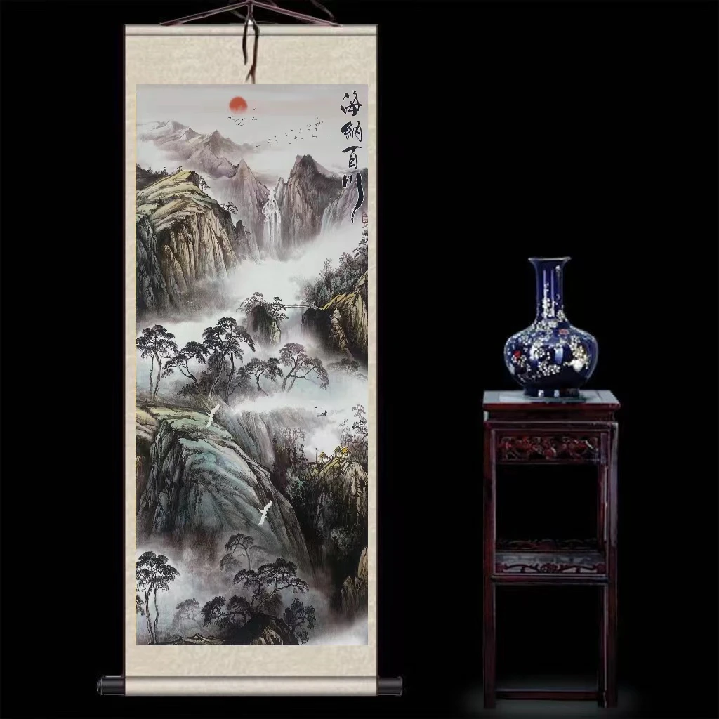 国画《海纳百川》新中式竖幅卷轴高档装裱山水挂画