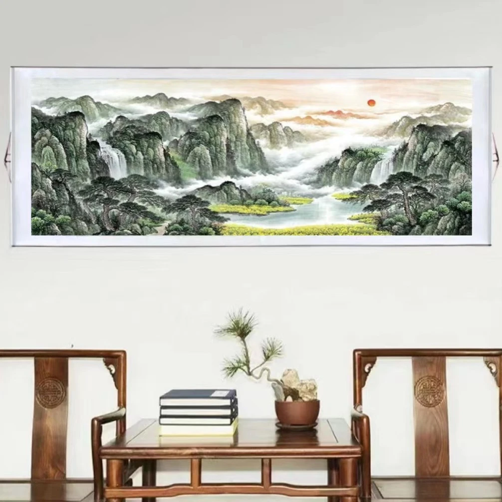 320*100山水国画《旭日东升》挂书房茶室客厅挂画绘画工艺品装裱