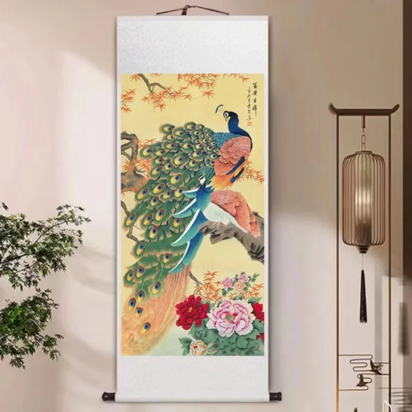 国画花鸟画《孔雀》富贵吉祥客厅卧室玄关挂画绘画装裱高档包边品质