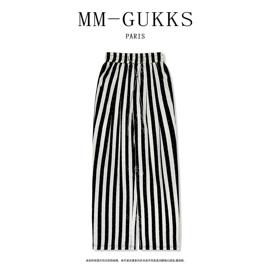 明明GUKKS『流动光芒』2024夏季设计师简约黑白条纹直筒裤满钻工艺