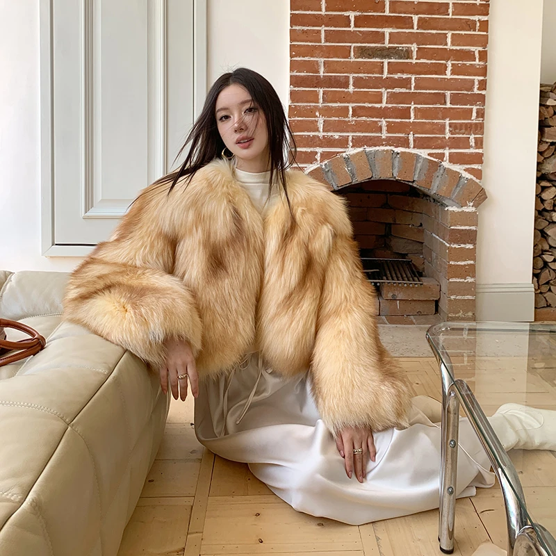 北麋「摩登情人」整皮金色红狐狐狸毛皮草外套女高腰短款冬毛毛大衣