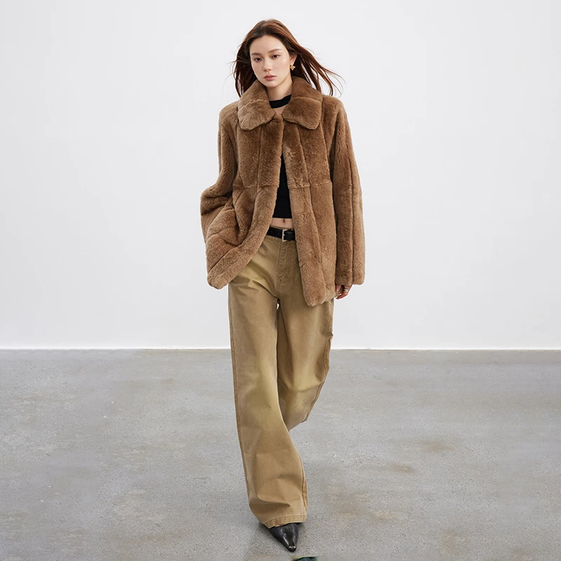 北麋「假日颂歌 」轻奢经典翻领廓形獭兔毛年轻款皮草外套女中长款