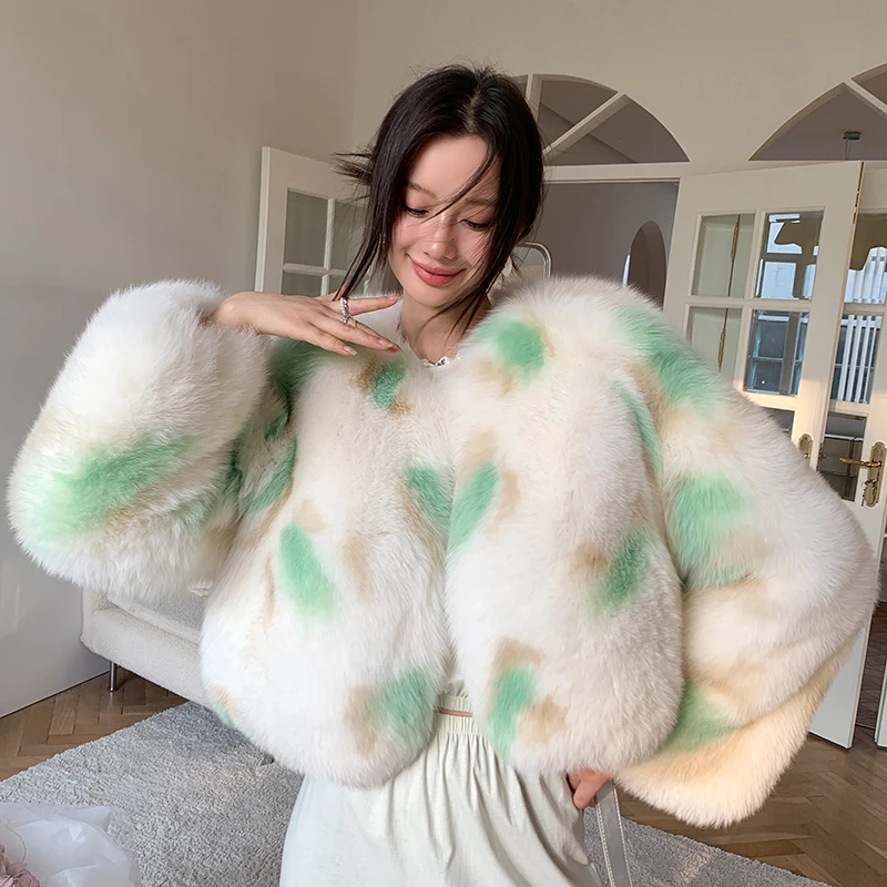 北麋博主风时髦整皮狐狸毛外套女短款小个子年轻款毛毛扎染大衣