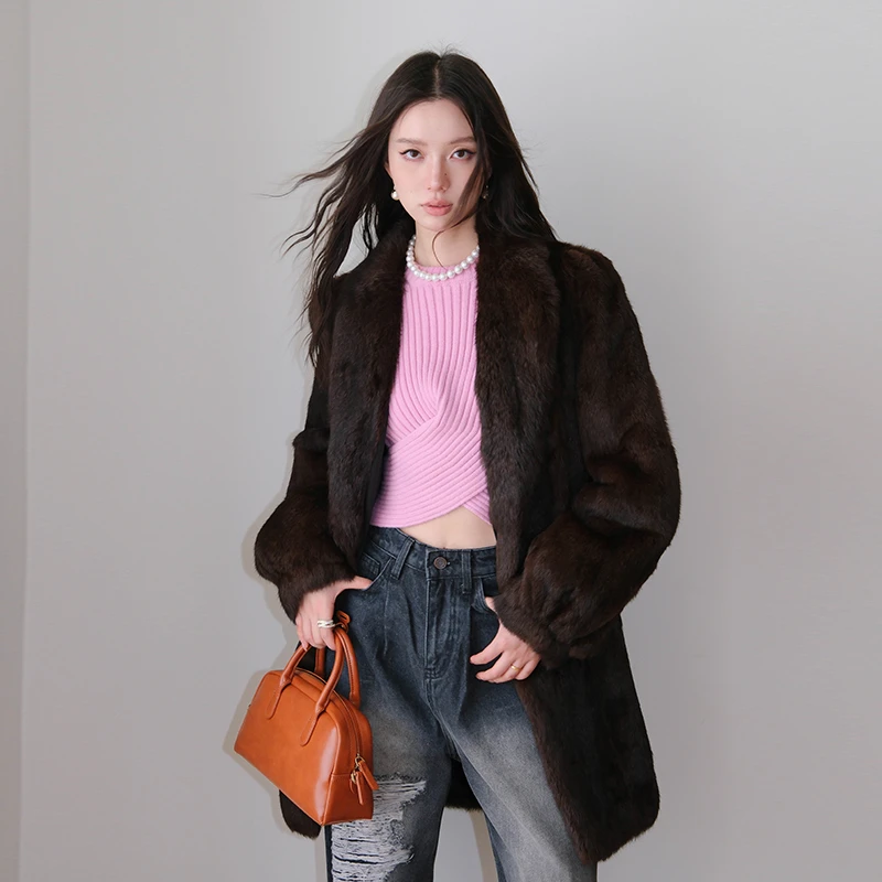 北麋青果领美拉德美式中古兔毛皮草外套女年轻中长款2025新款