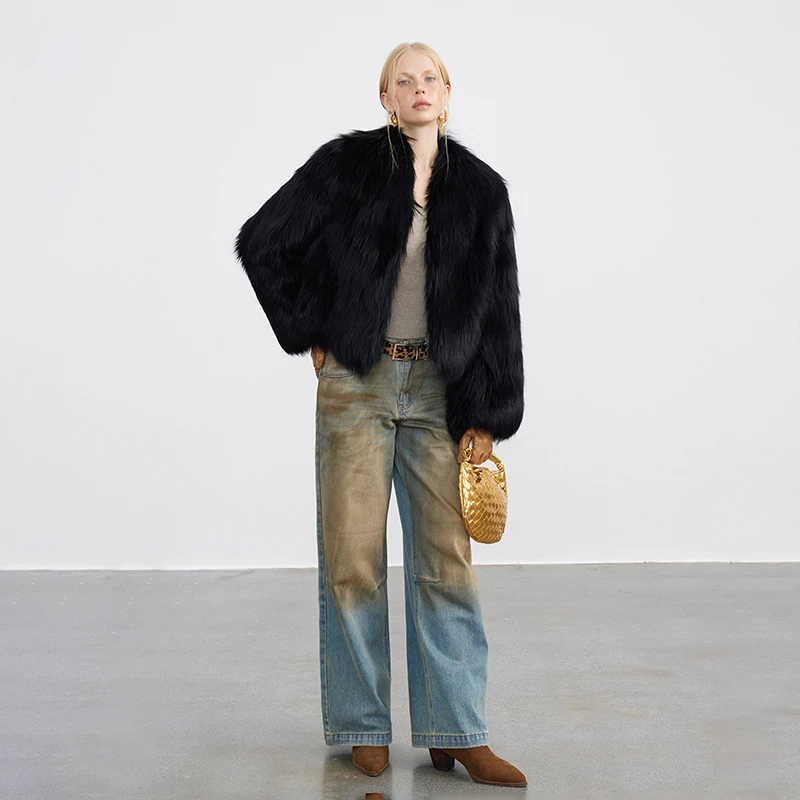 北麋「幻境之黑」年轻款时髦银狐黑色整皮狐狸毛皮草外套女短款大衣