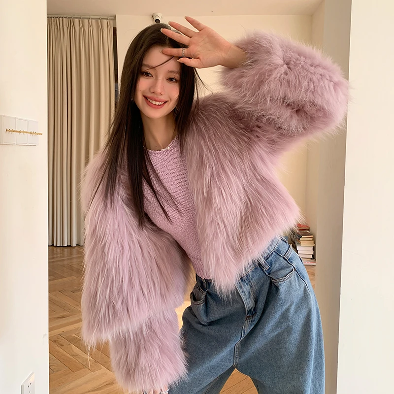 貉子毛双面编织外套女短款深V领长袖2025年轻新款毛毛大衣   1177
