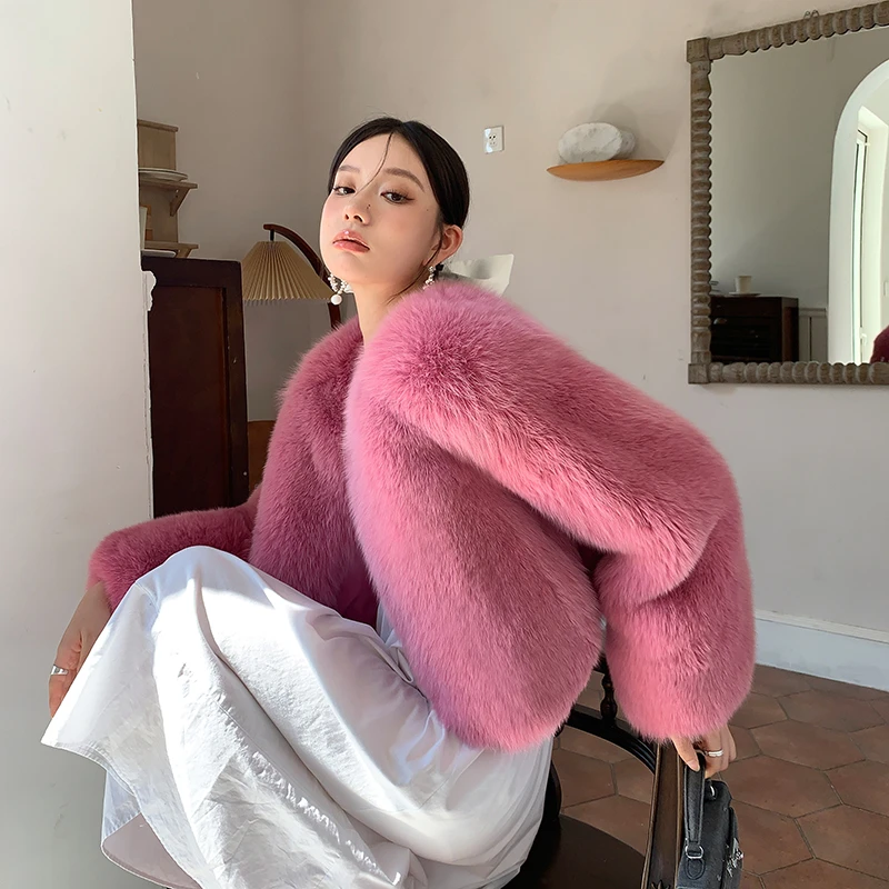 北麋整皮狐狸毛外套女短款气质名媛小个子2024时尚休闲保暖大衣