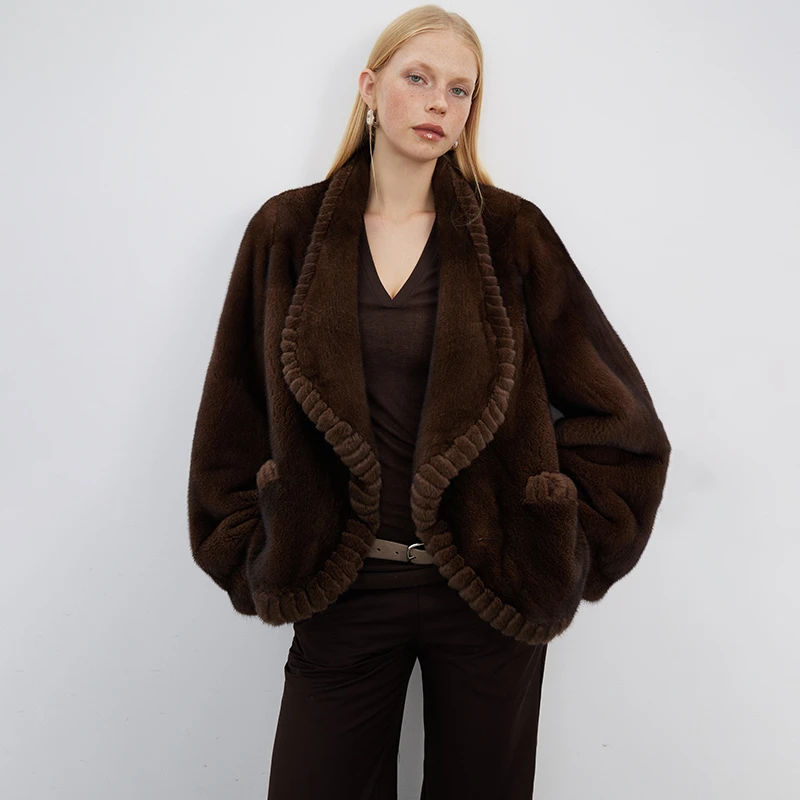 北麋「寂静繁星」 进口天鹅绒整貂水貂貂皮大衣荷叶领皮草外套女短