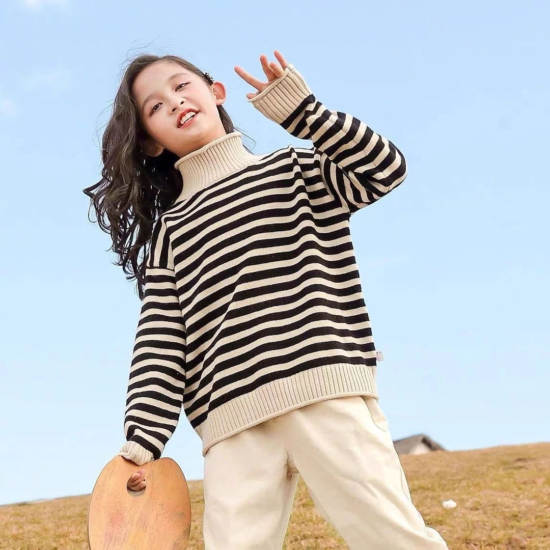 女童毛衣加厚套头男童2023秋冬新款儿童高领加绒针织衫中大童上衣