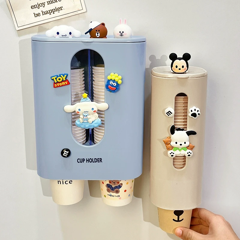 一次性杯子双筒取杯器壁挂式可爱卡通家用免打孔饮水机纸杯置物架