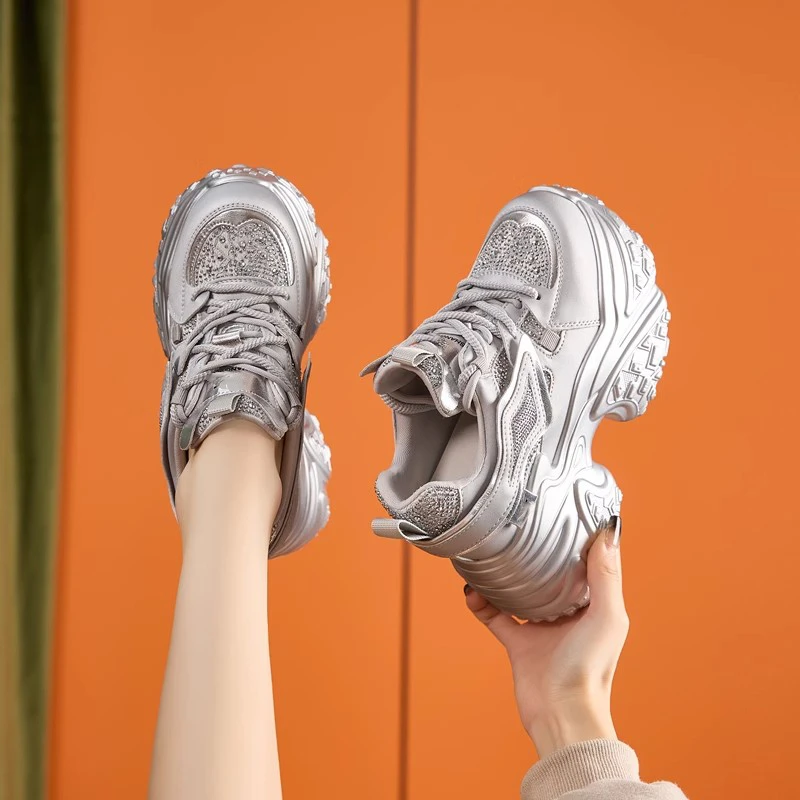 时尚欧货内增高水钻老爹鞋女2024秋季新款运动休闲炸街厚底松糕鞋