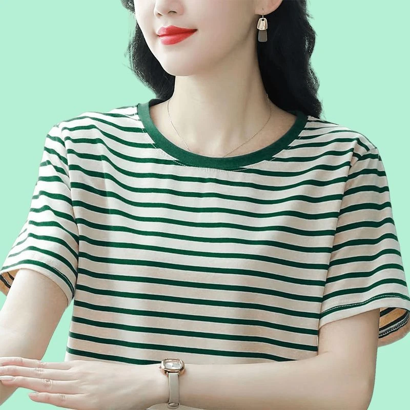 棉质条纹短袖T恤女夏季新款大码宽松显瘦妈妈时尚洋气体恤上衣服