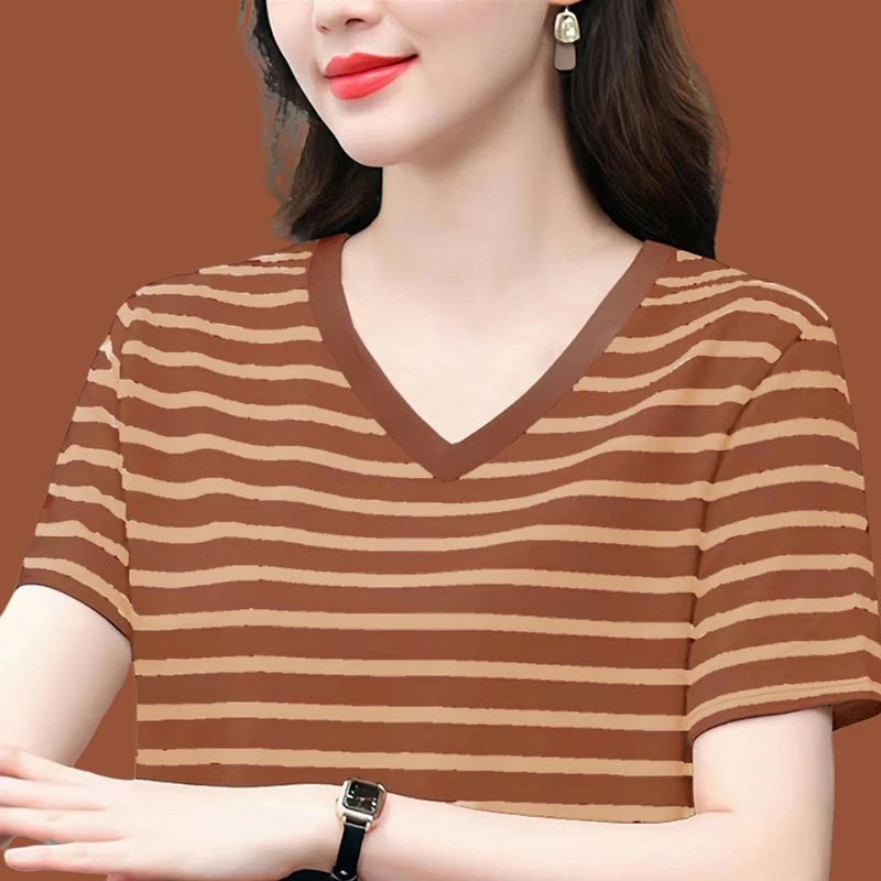 夏装薄款中老年遮肚大码女装2024新款v领洋气短袖T恤女遮肉小衫