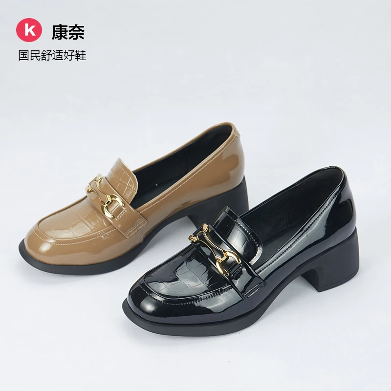 Kangnai/康奈粗跟漆皮时尚百搭乐福鞋英伦风皮鞋中跟春秋舒适秋季