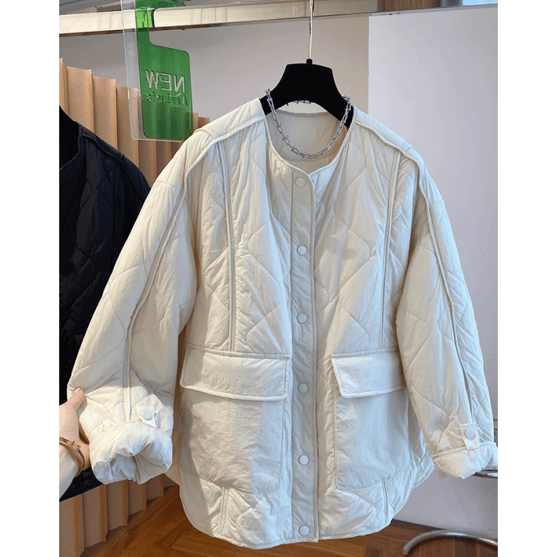 K7181高级感绗缝无领棉服女冬季新款宽松休闲洋气轻薄棉衣外套