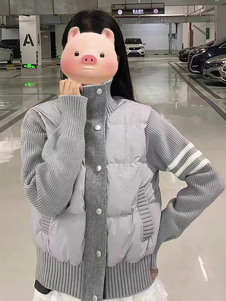 6607新款针织袖拼接三道杠针织袖羽绒服外套小个子2024时尚百搭