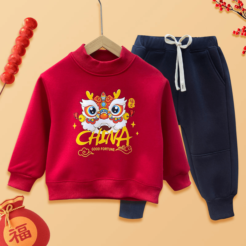 宝宝加绒卫衣男女童红色拜年服2024龙年新年装本命年上衣中国风潮