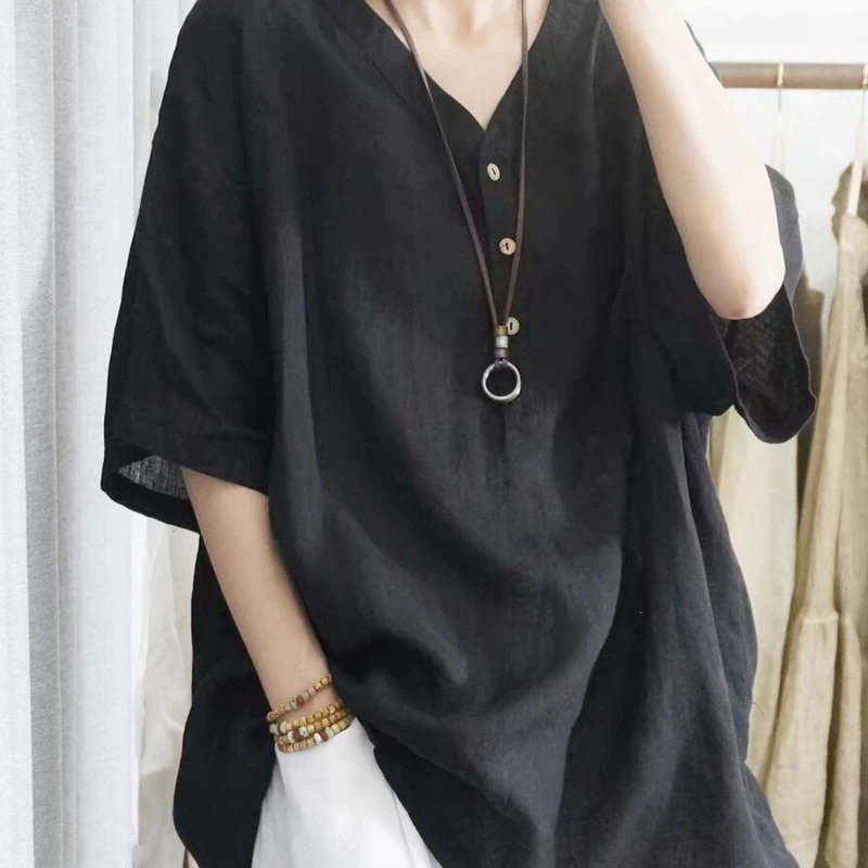 纯色V领衬衫女夏薄款休闲大码宽松显瘦套头半袖小衫上衣百搭夏季