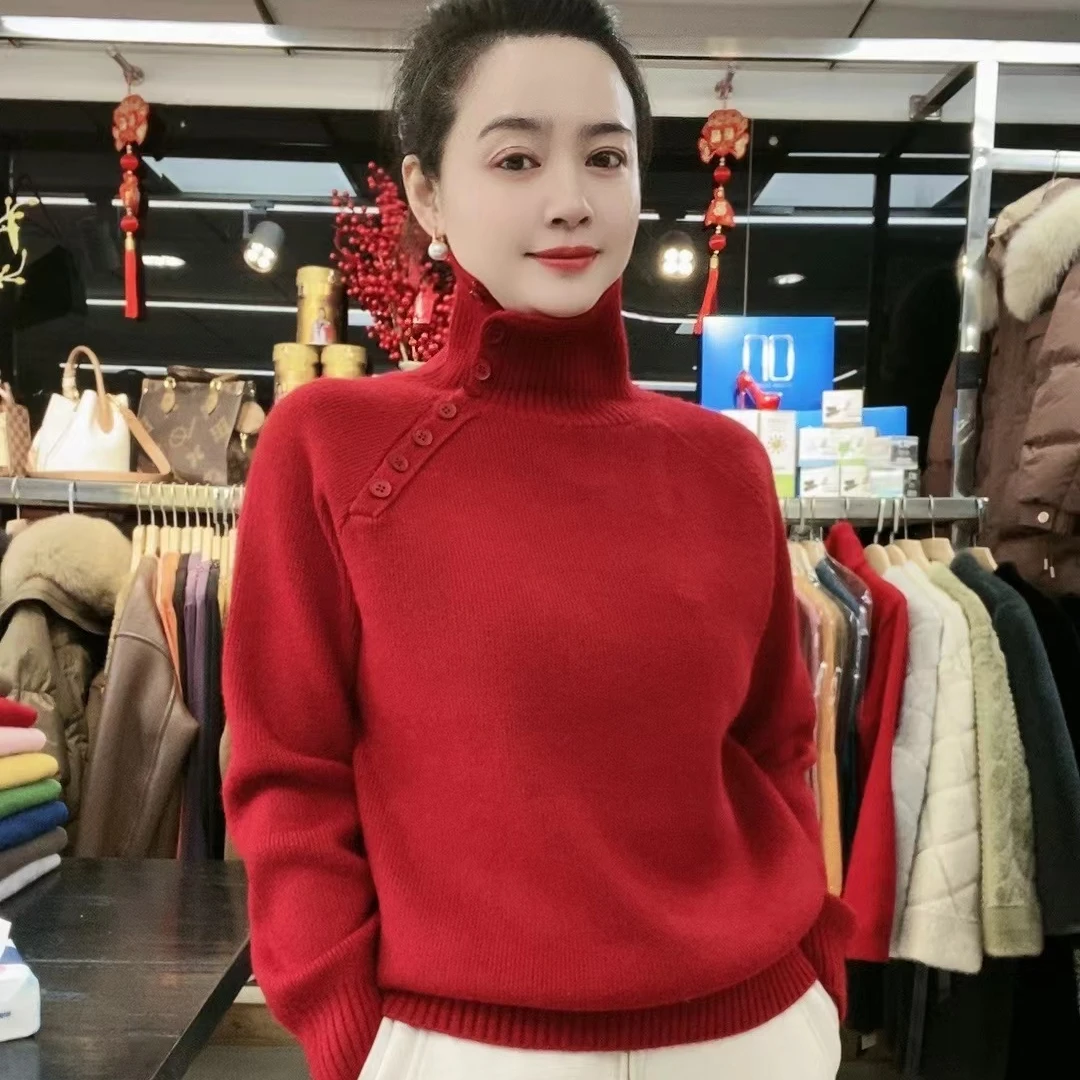 [秀客严选]斜边纽扣立领两翻百搭毛衣