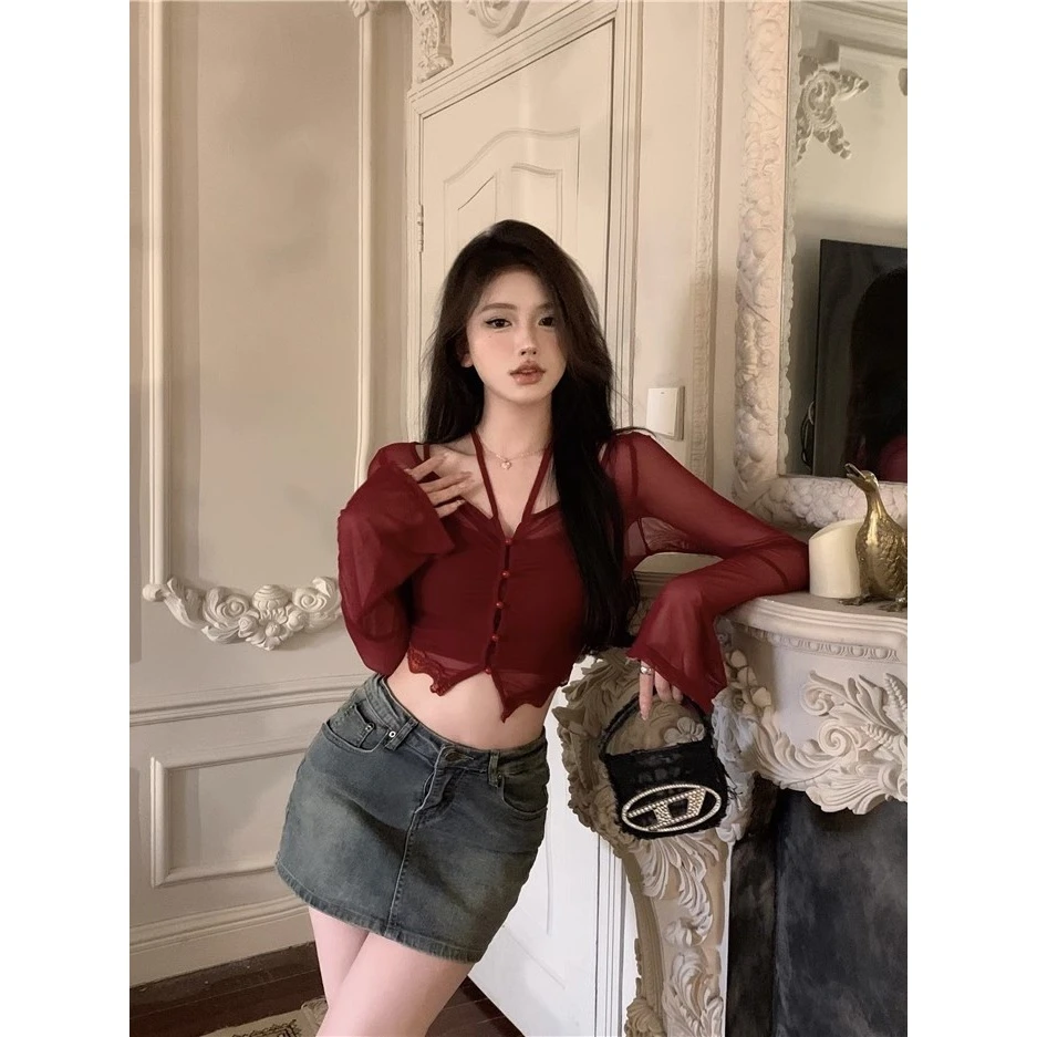 短款修身长袖防晒衬衫女夏季设计感不规则衣小众紧身上衣显瘦辣妹