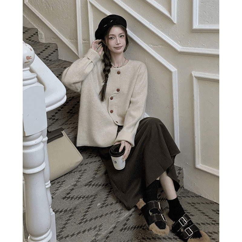 秋冬款法式气质名媛不规则软糯毛衣外套女半身裙时尚两件套装春秋