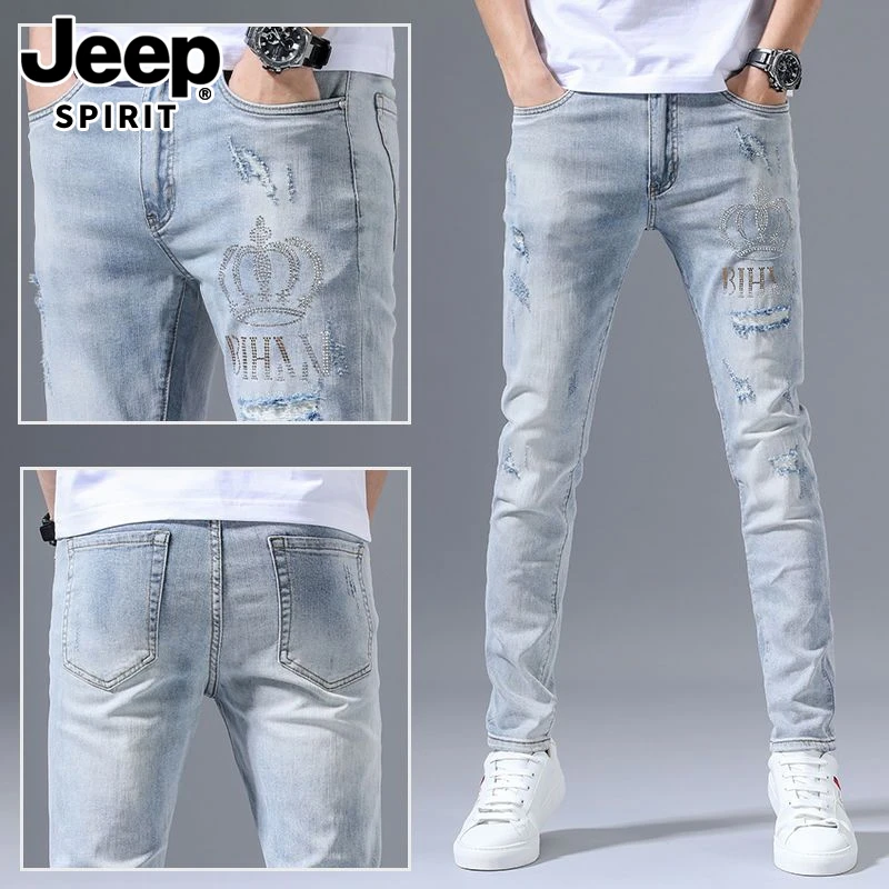 JEEP SPIRIT高端破洞牛仔裤男款夏季修身潮牌韩版烫钻长裤子男款