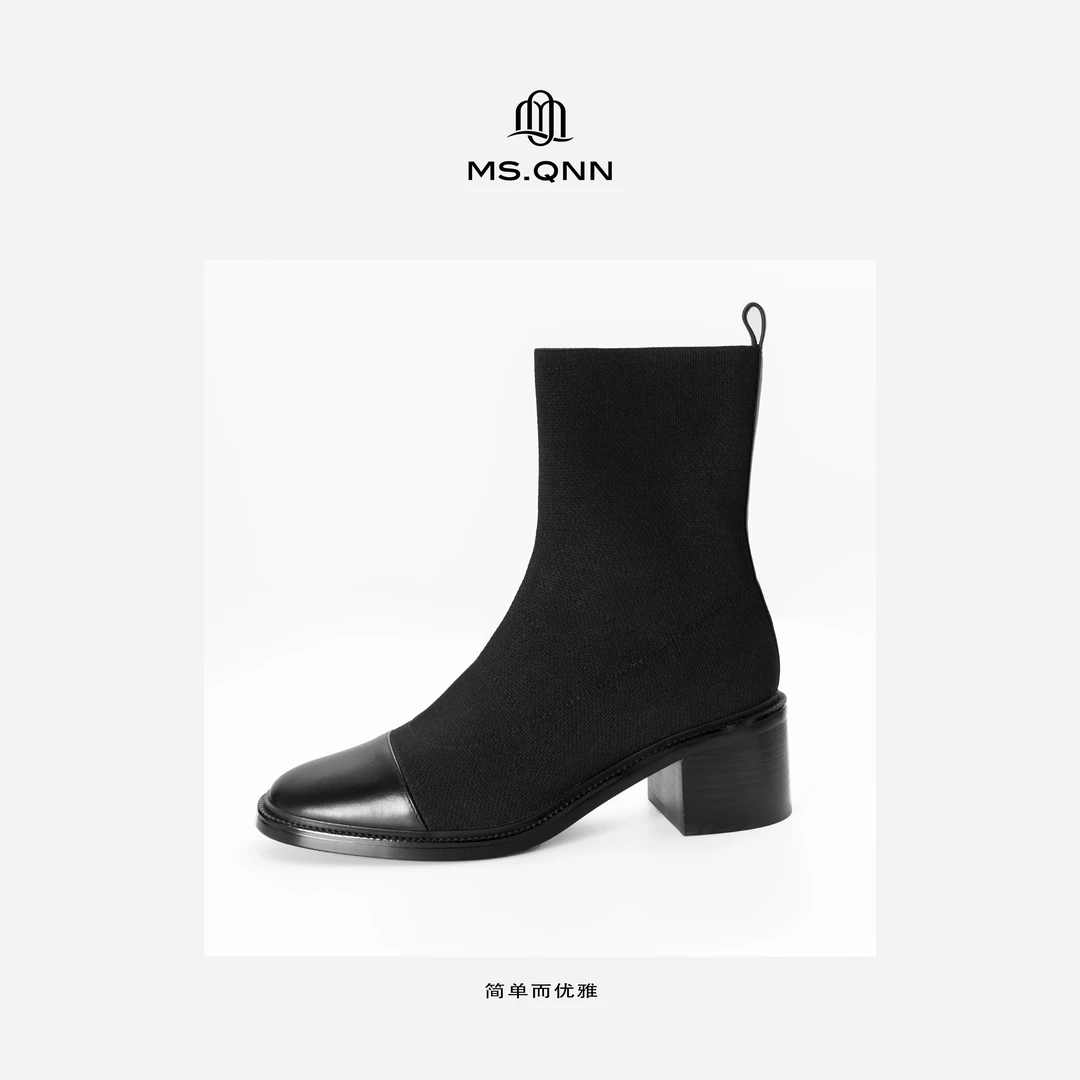 Ms.Qnn"弹力短靴” 小皮靴百搭黑色女通勤时尚袜靴 83X517 Q姐心选
