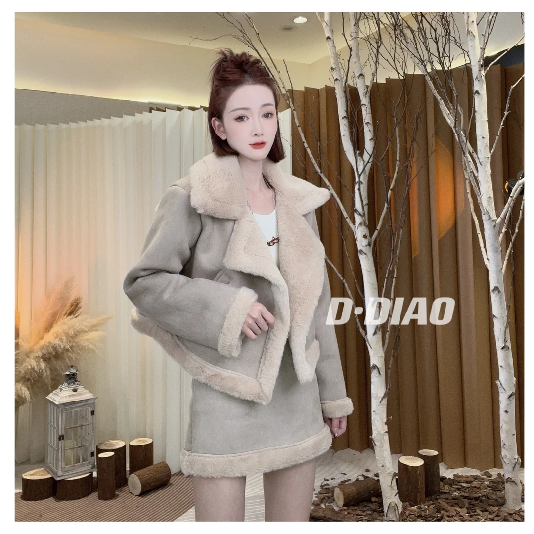 小奈【毛毛套装】加绒加厚短外套+加厚显瘦半裙