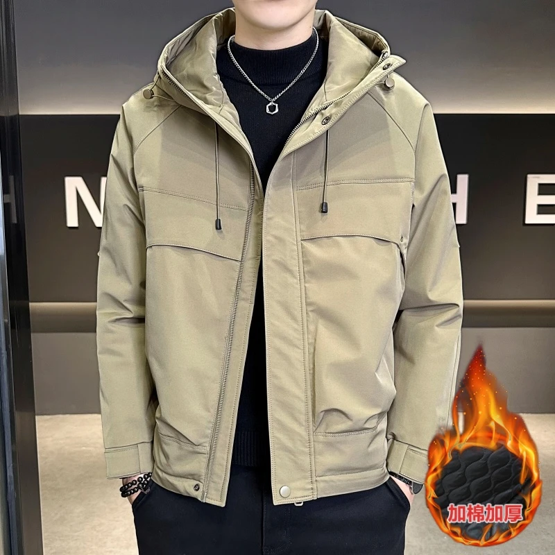2024秋冬新款男士加棉加厚连帽休闲百搭潮流夹克青年时尚保暖外套