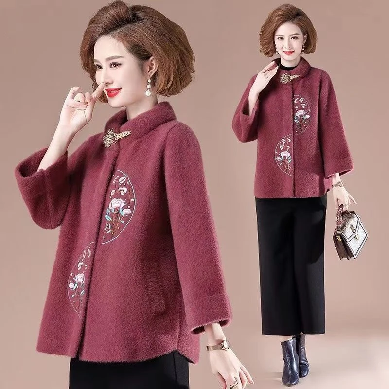 仿貂绒妈妈装加厚开衫洋气质40岁50结婚礼服中老年女装加厚上衣
