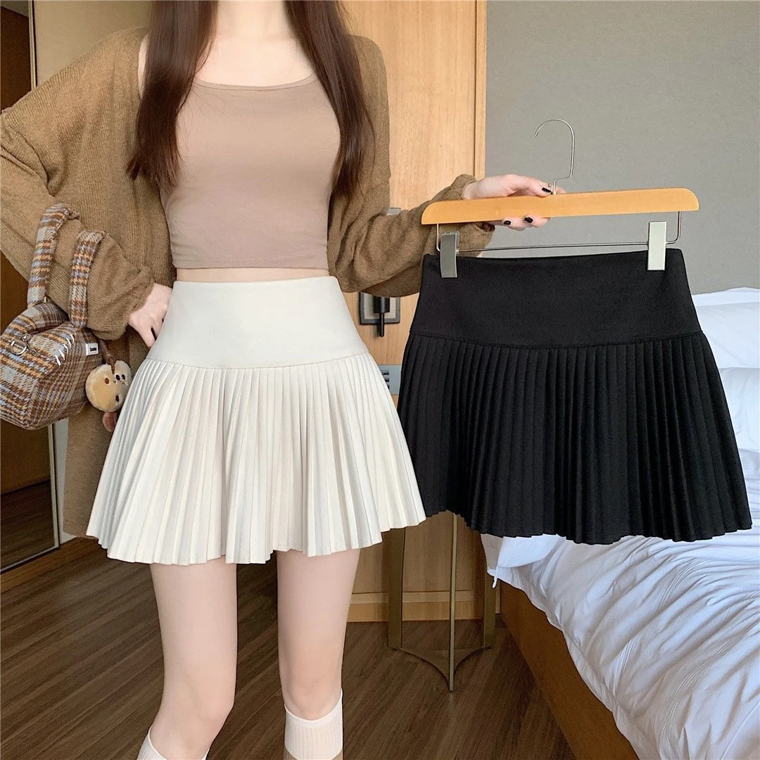 秋冬季辣妹a字小个子百褶裙子白色防走光毛呢半身裙女装短裙半裙