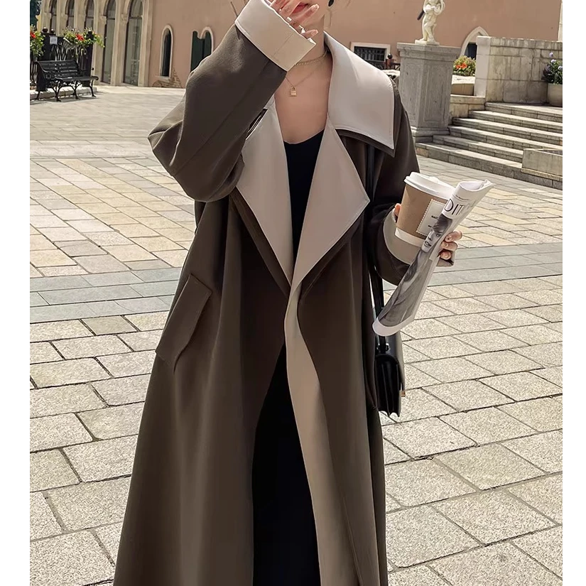新款来袭-高级感气质英伦风百搭宽松翻领撞色拼接中长款风衣外套-