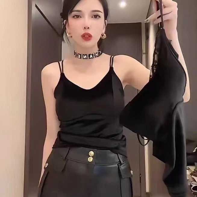【曦姐2351】金丝绒性感显瘦修身打底美背通勤背心黑色无袖内搭吊带