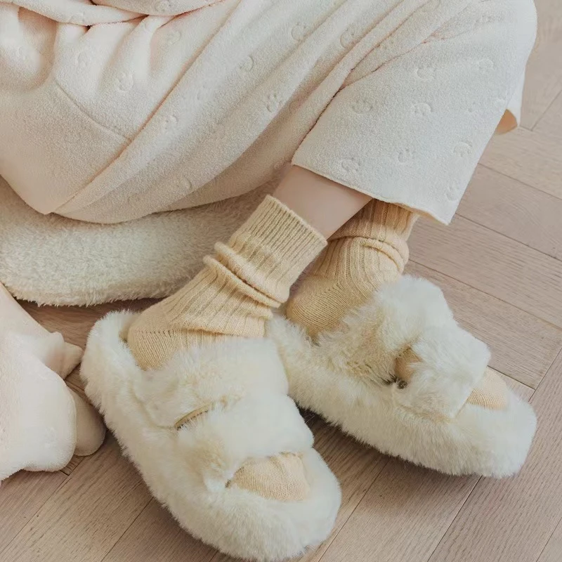 羊毛袜子女秋冬季中筒加绒加厚保暖日系纯色粗条冬天羊绒堆堆长袜