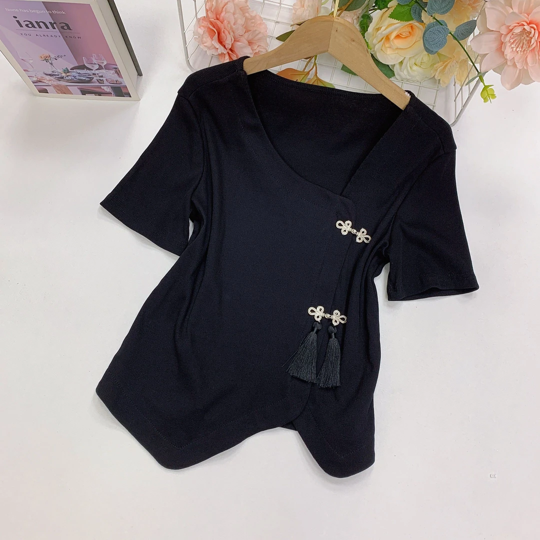 174夏季新款高考毕业季显瘦气质针织时尚休闲百搭黑色T恤