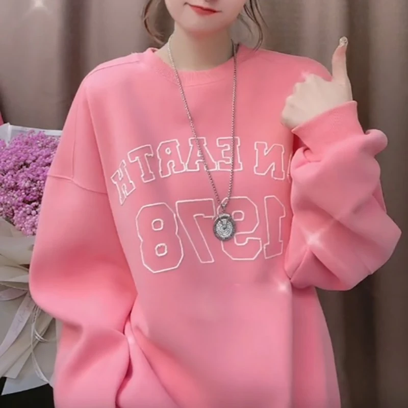 【左尚尚-水蜜桃】2023早秋新款不加绒圆领宽松卫衣女印花字母上衣.