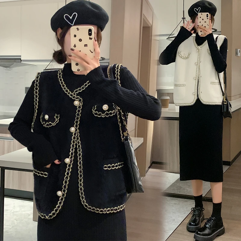 孕妇套装2023秋冬气质小香风水貂绒马甲+高领针织裙孕妇两件套