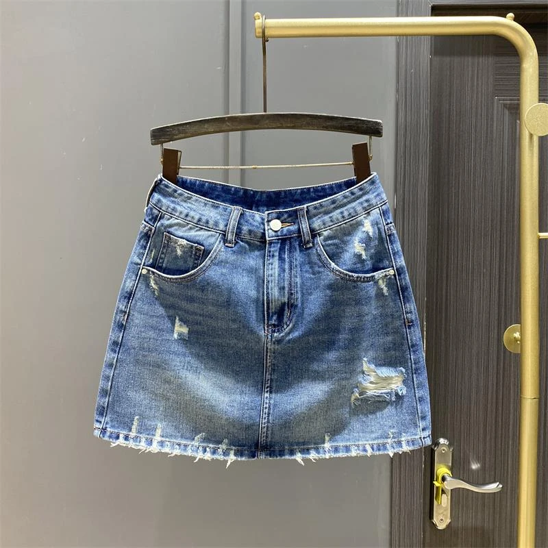 蓝色破洞牛仔半身裙女2025夏季新款a字显瘦高腰防走光包臀短裙子