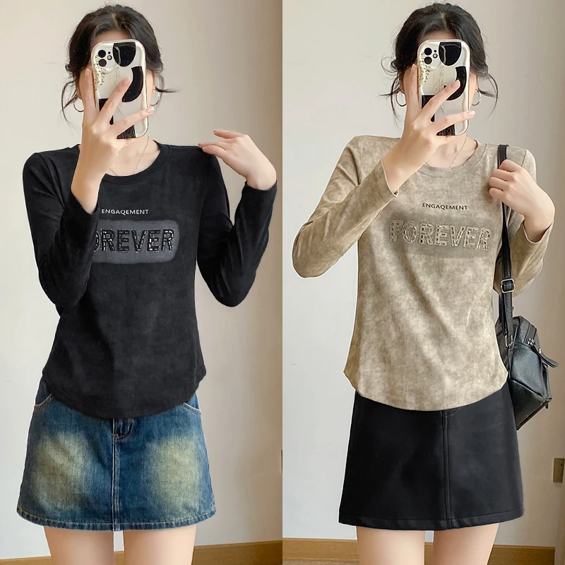 时尚休闲百搭长袖T恤女秋冬夏季新款修身显瘦短ins风袖设计感印花