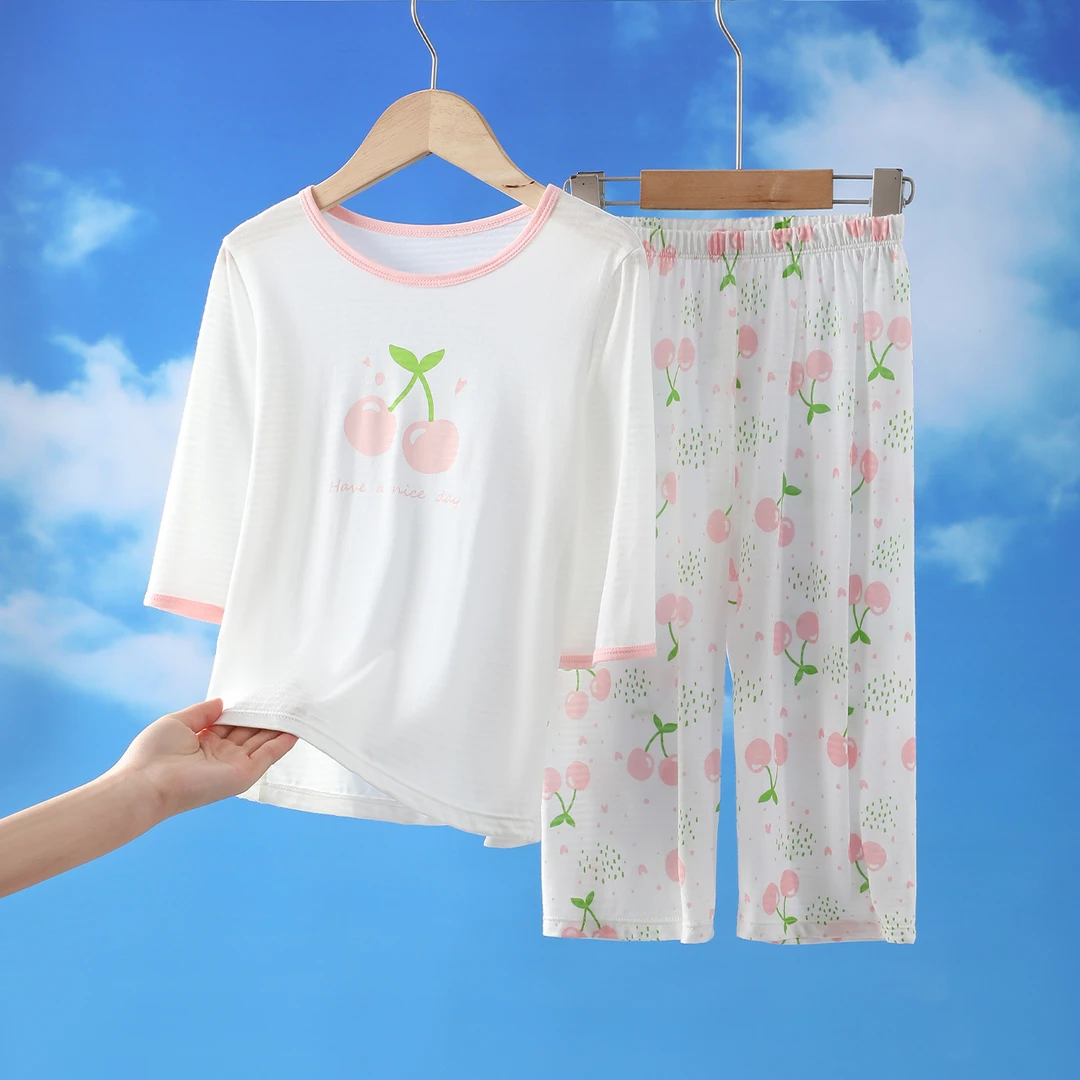 儿童夏季家居服女孩薄款空调服套装宝宝公主风七分袖睡衣