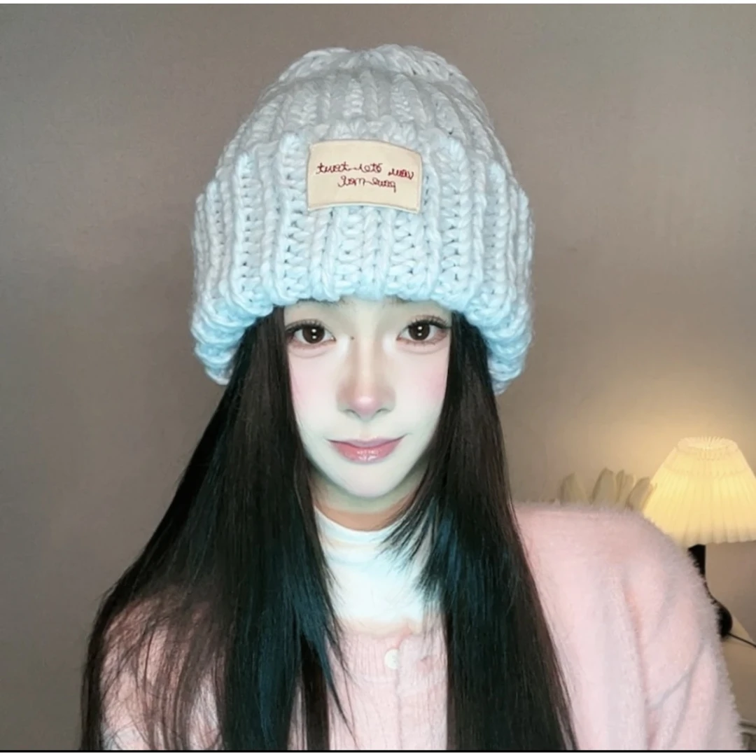 大头围绿色针织帽大头毛线洋气好看的帽子女显脸小冬天毛线帽女士