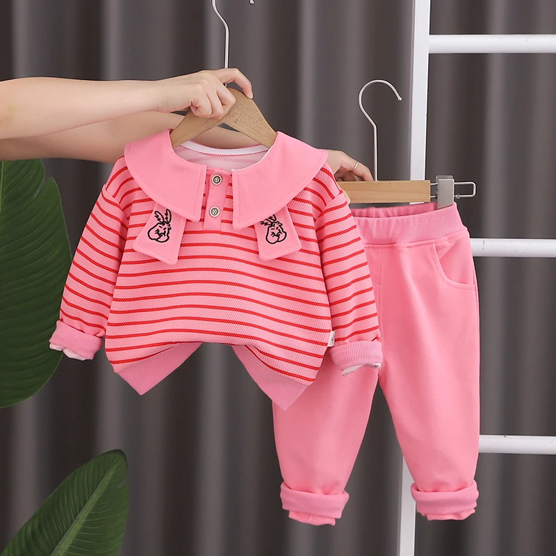 洋气衣服女宝宝春秋装条纹卫衣两件套2024新款洋气儿童韩版秋套