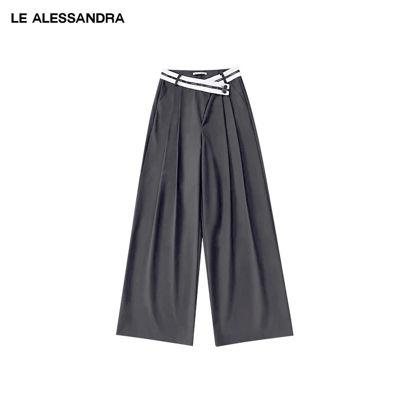 品牌直营 LE ALESSANDRA 灰色反腰头拼接V腰设计双褶皱阔腿西装裤