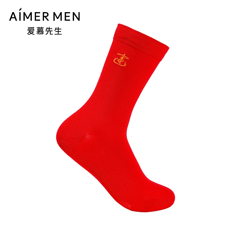 爱慕先生男款24AW袜子红色-立体桑蚕丝印花开运中筒袜NS94W195