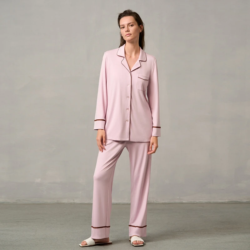 24AW沁润睡眠家居服女士秋冬翻领开衫长袖长裤套装AM46A491简约