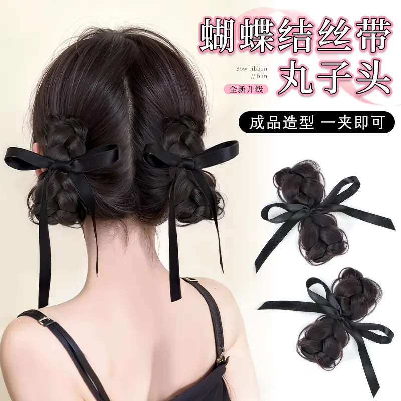 y2k丸子头假发发圈女仿真人发辫子丝带网红蝴蝶结发苞麻花辫盘发